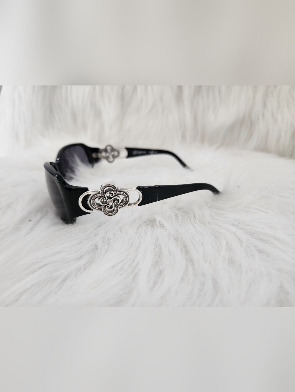 Brighton Women's "Rosalia" Black Sunglasses with Silver Floral Accent, Handmade